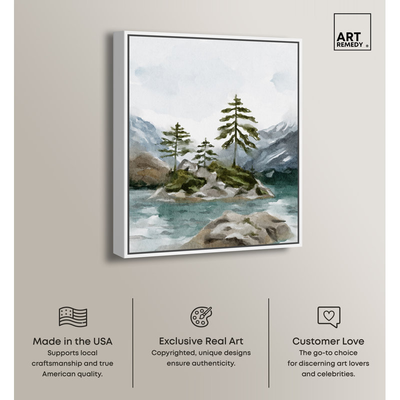 Cold Winter Lake Landscape Canvas Art with White Frame
