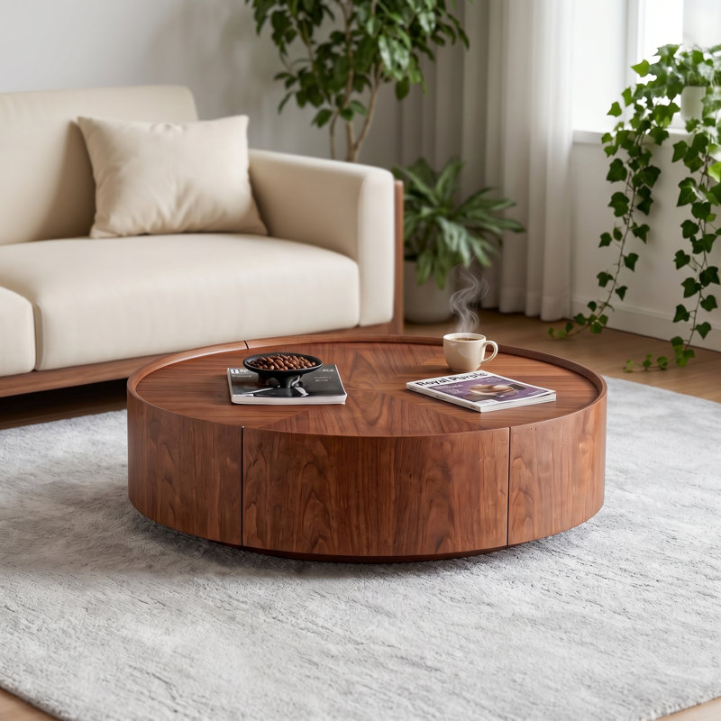 Table basse en noyer avec motif en mosaïque fabriqué à la main et base en anneau de fer, table d'appoint ronde moderne pour le bureau du salon et de la chambre à coucher