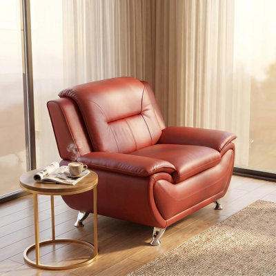 Fauteuil moderne en similicuir - Canapé à une place avec pieds chromés et accoudoirs rembourrés - Chaise d'appoint contemporaine pour le salon, la chambre à coucher, le bureau personnel et la zone de réception (rouge)