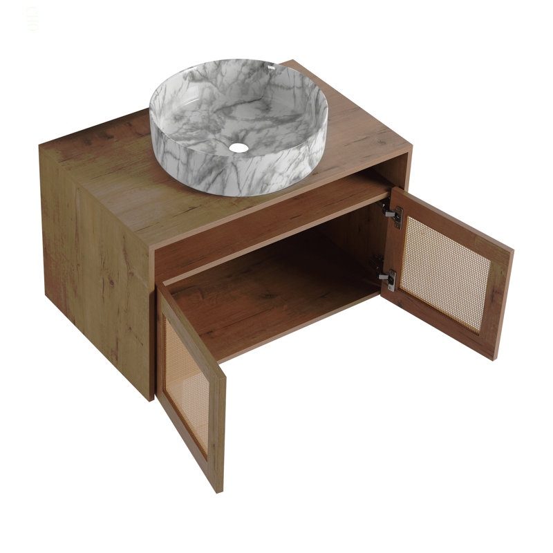 Meuble-lavabo de 30 po avec lavabo d'art en céramique, 2 portes à fermeture douce, conception à fixation flottante, contreplaqué (emballage KD)