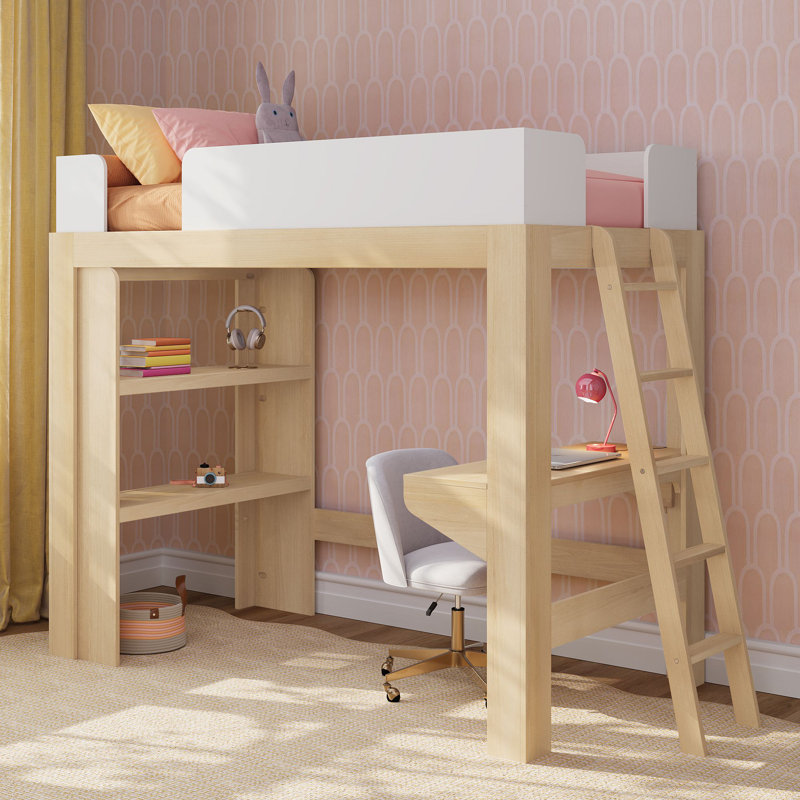 Lit mezzanine simple Mid-Century avec bureau et bibliothèque, blond / blanc, Blond / blanc