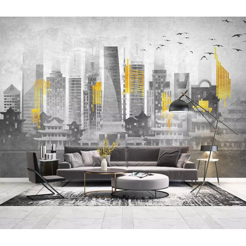 Papier peint amovible paysage urbain jaune, L 105,96 po x l 187 po