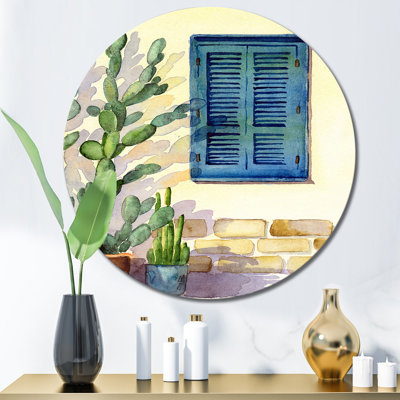 Façade de maison avec une fenêtre avec des volets turquoise - Peinture sans cadre sur métal