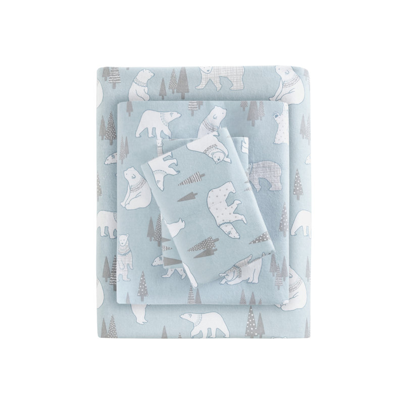 Cozy Flannel 100% Cotton Sheet Set, Twin Sheet Set with 1 Pillowcases, Blue Polar Bears