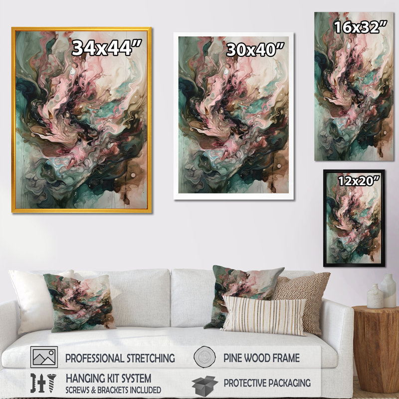 Art mural encadré géométrique abstrait rose et vert III, Encadrement doré, H 40 po x l 30 po x P 1,5 po
