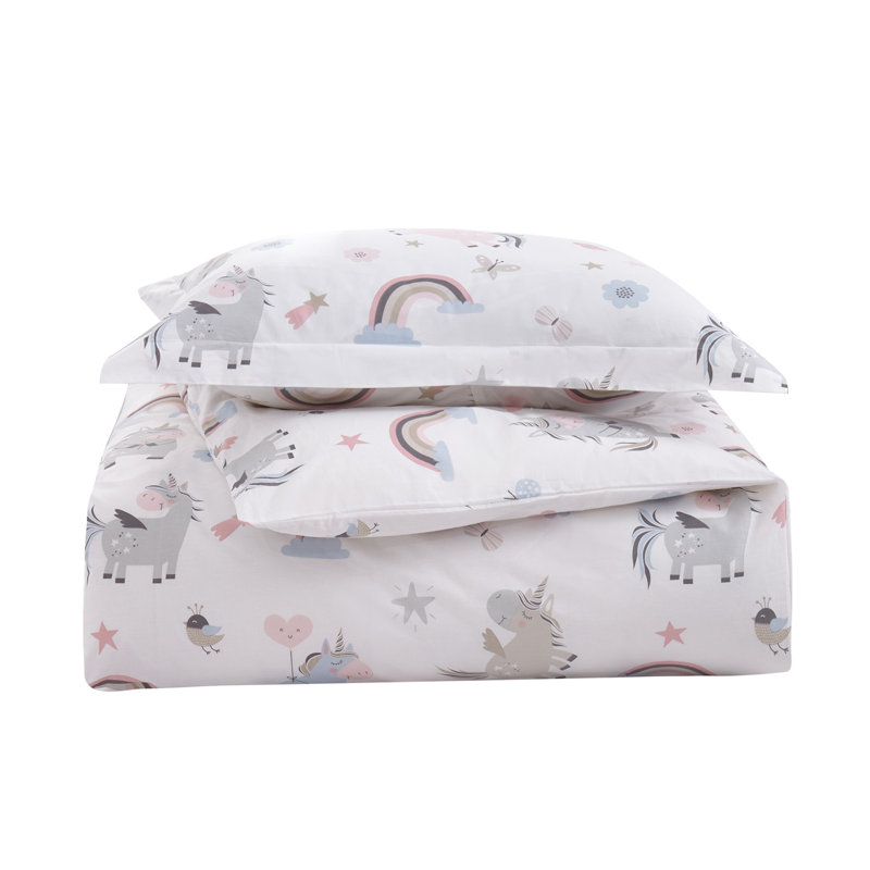 Ensemble de housse de couette licorne en coton biologique, Couette simple + 1 taie décorative simple