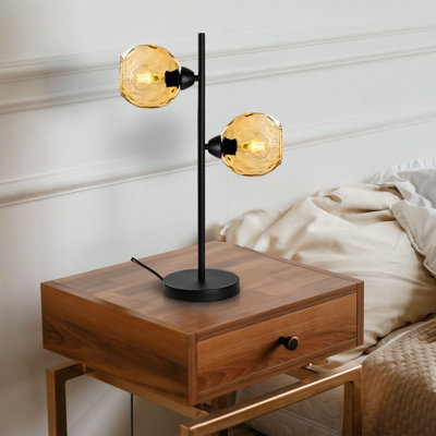 Lampe de table industrielle en métal, finition noire, 14,2 po x 7,1 po x 22,8 po | Couvercle en verre, plaque de base de 5,9 pouces de diamètre, 2 douilles E27 de 40 W maximum (ampoule non incluse) | Éclairage élégant pour décoration intérieure moderne, indice de protection IP20