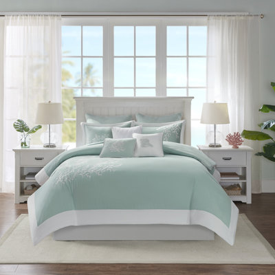 Ensemble de literie de luxe en coton, turquoise, style brodé côtier, élégance pour la maison