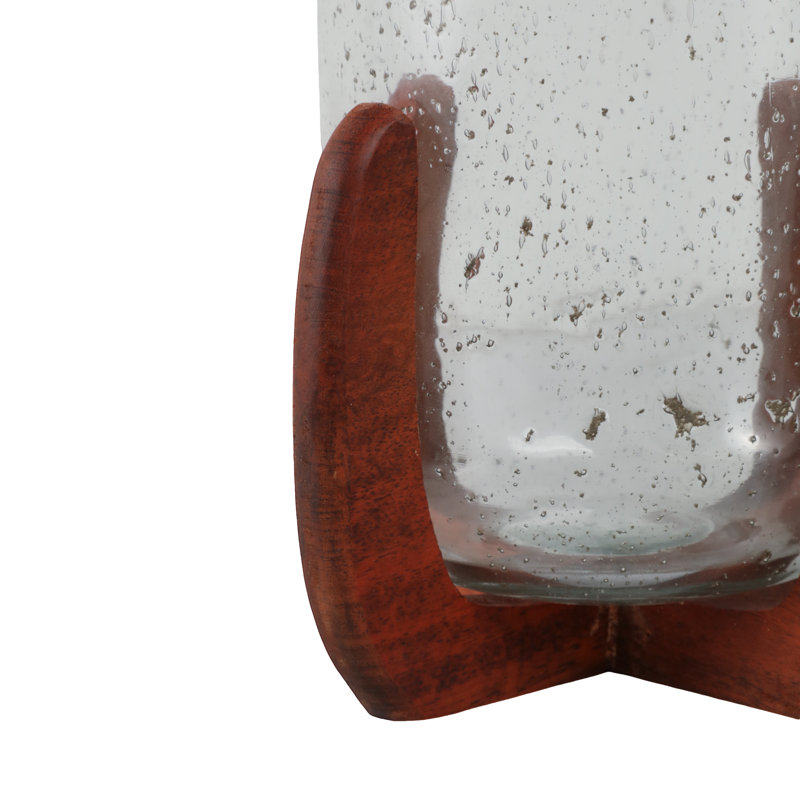 Zeppelin Decorative Glass Hurricane Candle Holder with Wooden Base - Modern Pillar Candlestick Holder for Tabletop or Home Decor - Brown