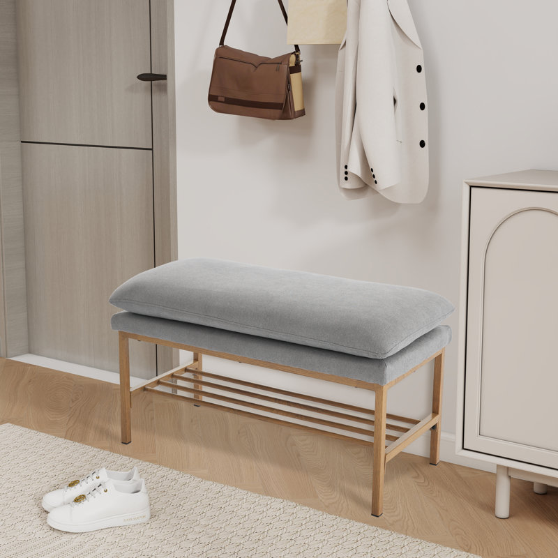 Banc de hall d'entrée rembourré, banc à chaussures de rangement avec tablette et pieds en métal, Gris