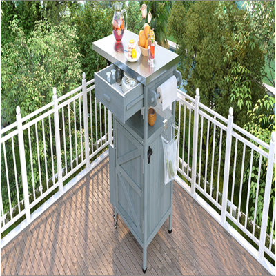 Chariot de barbecue extérieur 40,5 po avec plateau en acier inoxydable, armoire de rangement d'extérieur en bois massif avec abattant, un tiroir, porte-serviettes, chariot de cuisine roulant avec roues verrouillables pour jardin gazonné