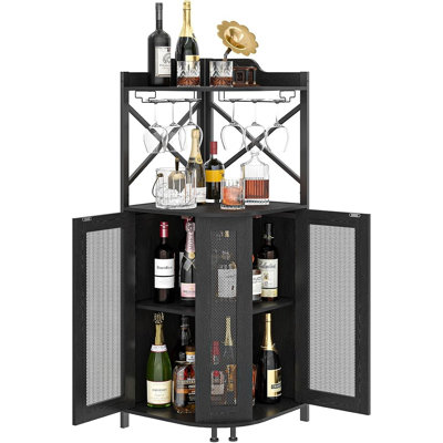 Meuble-bar de coin à 4 niveaux avec éclairage DEL et porte-verres, meuble de rangement industriel pour vins et spiritueux avec porte et étagères