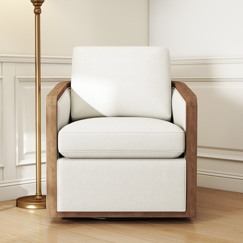 Clarisse Solid Wood Upholstered Swivel Armchair, White
