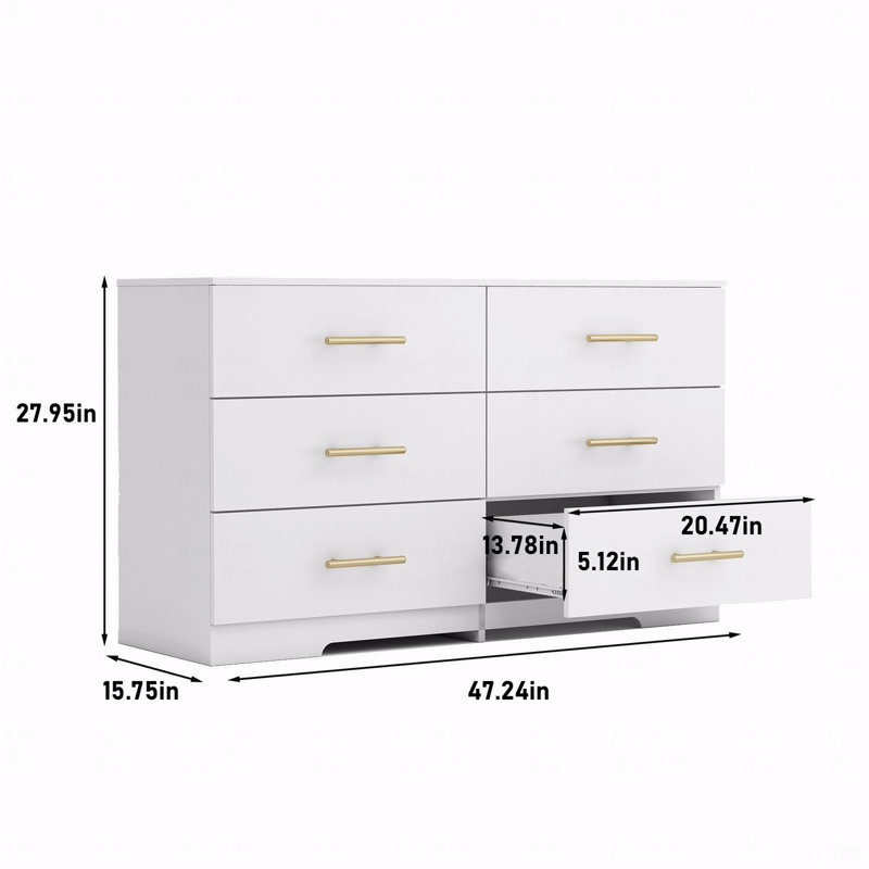 Grande commode 6 tiroirs de couleur blanche avec poignée dorée, Blanc