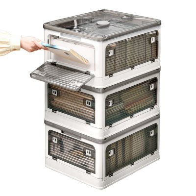 Extra Large Collapsible Storage Box Bin, 5 Side Clear Open Access Stackable w/ Lid