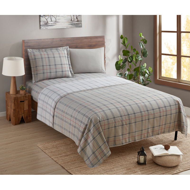 Ultra Soft Microfiber Sheet Set, Twin Sheet Set with 2 Pillowcases, Gray Plaid