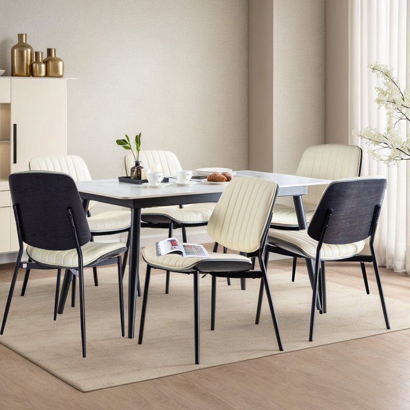 Leather Upholstered Vertical Metal Stripe Dining Chairs (Set of 6), Beige