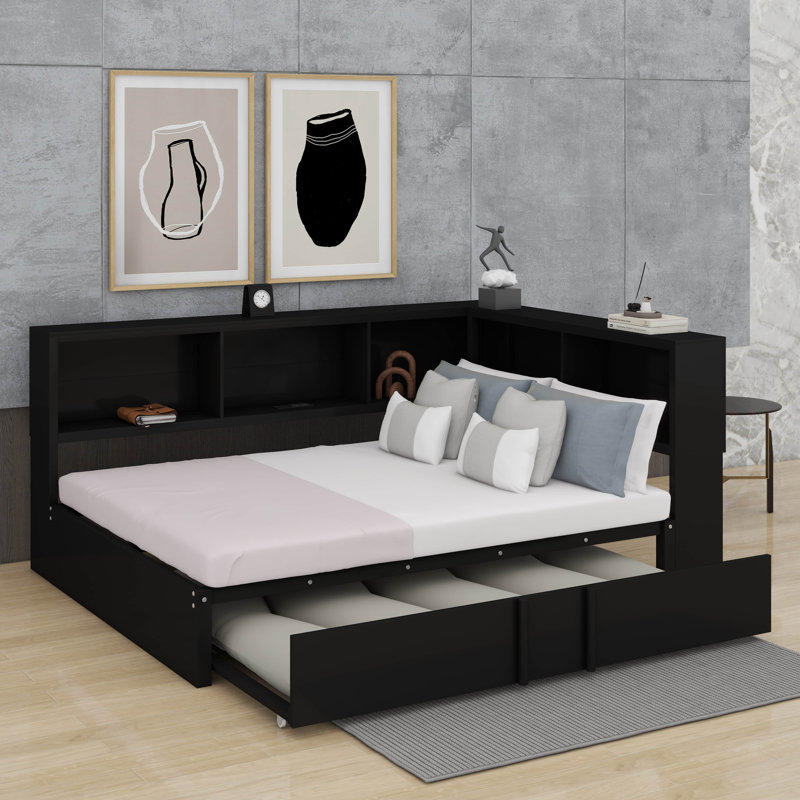 Lit de jour double en métal avec lit gigogne, armoires de rangement et ports USB, Noir