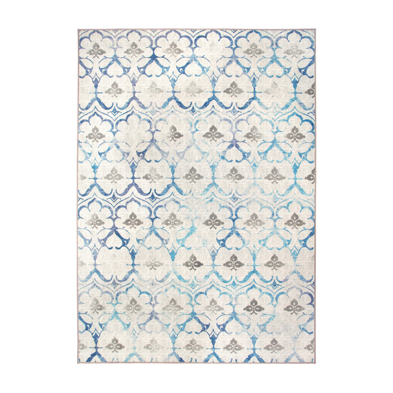 Beige Blue Floral Synthetic 5' x 7' Washable Area Rug