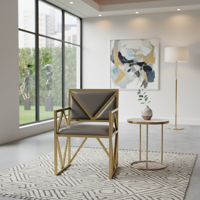 Clover Modern Gold Metal Armchair with Top Grain Brown Leather – Geometric Accent Chair , Gold