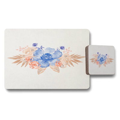 Watercolor Rose Placemat And Coaster Set, Wood Bottom, Floral Collection Limited Edition