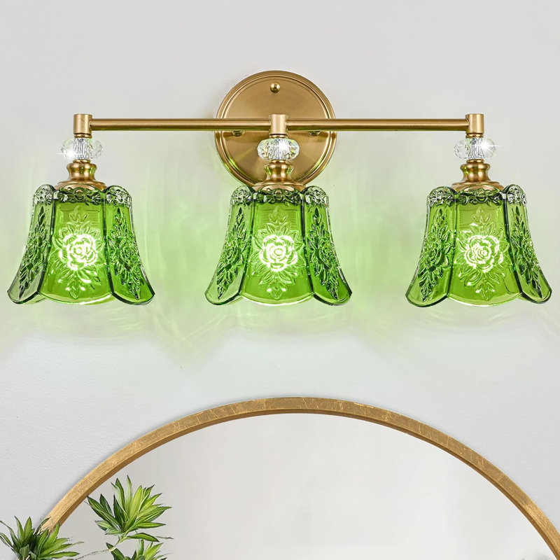 Luminaire de meuble-lavabo rétro, 3 lumières avec abat-jour en cristal rose, rétro, Vert, Nickel brossé