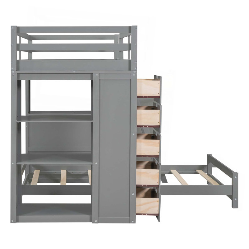 Twin Over Twin Bunk Bed With LED Light And USB Ports, Gray