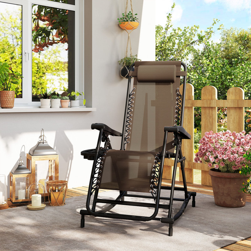 Fauteuil inclinable pliant, fauteuil zéro gravité, chaise berçante extérieure avec coussin, porte-gobelet et porte-téléphone, noir