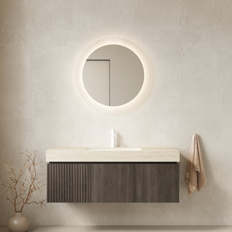 Meuble-lavabo et lavabo flottant 48 po, armoire en contreplaqué, pierre frittée, cuve en céramique, portes de tiroir à fermeture en douceur, système de fixation murale, installation murale