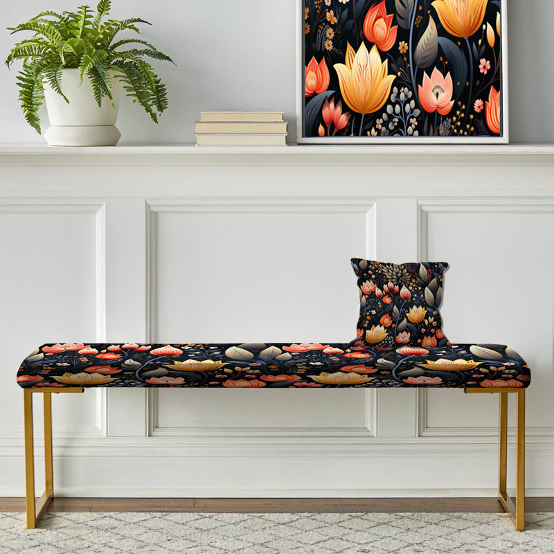 Floral Upholstered Gold Bench, Tropical Jungle Red Floral Retreat II