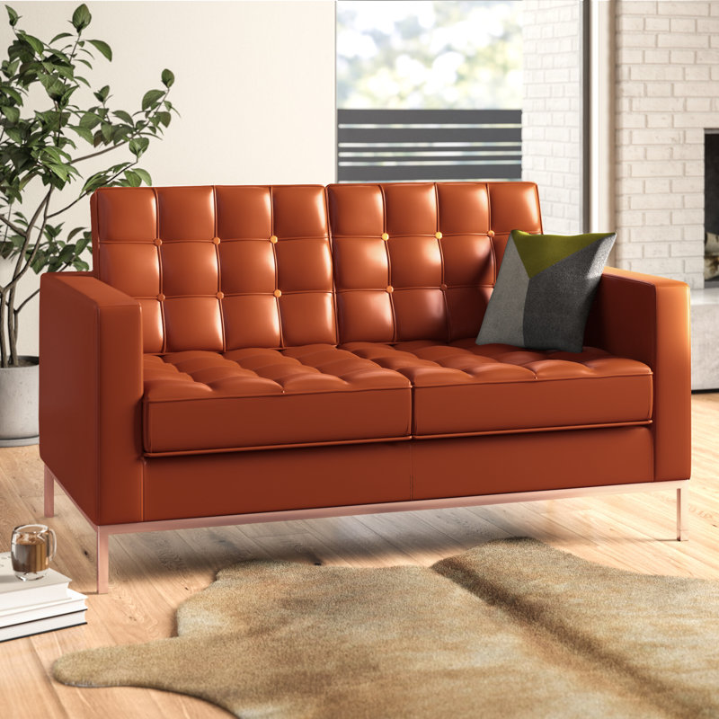 Amjed Contemporary Button Tufted Leather Loveseat w/ Steel Frame, Cognac