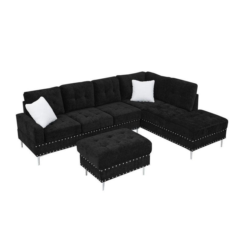 102'' Upholstered Sectional Sofa with Ottoman, Black