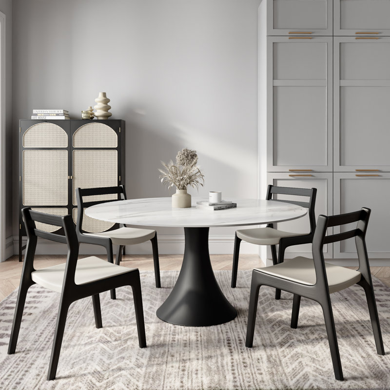 Round Glossy Sintered Stone Marble Effect Dining Table Solid Wood Pedestal Jadelyn, 29.52"H x 59.06"L x 59.06"W, White/Gray