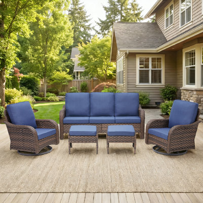 Arley 5-Piece Outdoor Patio Wicker Curved Arms Sofa Conversation Set With Swivel Chairs And Ottomans