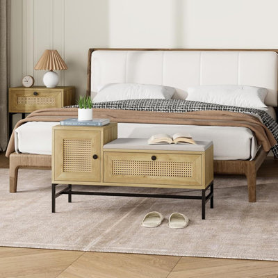 Banc de rangement pour chaussures avec tiroir et armoire, rotin