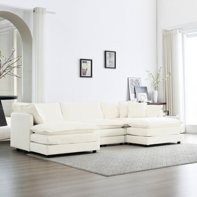 5 modulaires avec repose-pieds réversible, mobilier de salon en forme de U, blanc, matériau très respirant, siège en chenille blanc doux