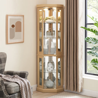 Corner Glass Cabinet Lighted Curio Cabinet For Displaying Antiques, Wine, And Bar Glass In Living Rooms