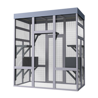 62.6" Gray Wooden Cat Enclosure For Outdoor Living, Waterproof Roof, 2 Napping Zones, Platforms, Rust - Wire, Secure Setup Use, Gray, Featuring Areas,