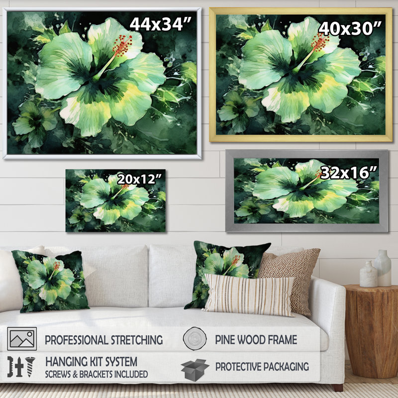 «Pink Green Hibiscus Harmony II», reproduction sur toile, H 34 po x l 44 po, Cadre flottant noir