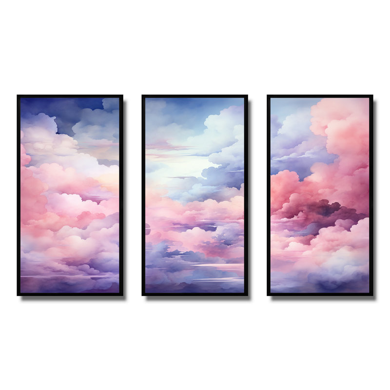 Rose et bleu pastel coloré ciel I - art mural ciel, H 28 po x l 36 po x P 1 po, Cadre flottant noir