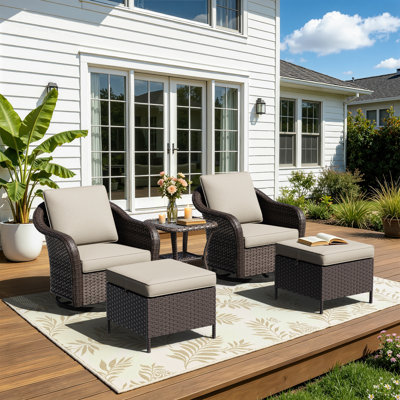 Alderwood 5-Piece PE Wicker Outdoor Patio Set, Swivel Chairs, Ottomans, Side Table with Beige Cushions