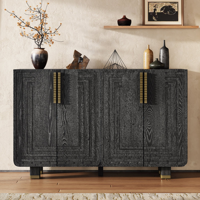 Buffet de rangement rétro de 54 pouces avec configuration à 4 portes, tablettes réglables, placage de frêne antique, ton noir, convient à différentes pièces, support en bois massif, armoire à fermeture silencieuse, quatre