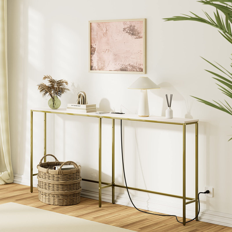 Console Table With Power Outlet,Modern Narrow Long Sofa Table Behind Couch,Skinny Entry Table With Metal Frame ,Classic, Gold