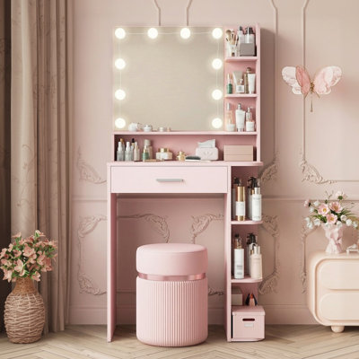 Coiffeuse en bois manufacturé avec miroir à DEL et tablettes de rangement 