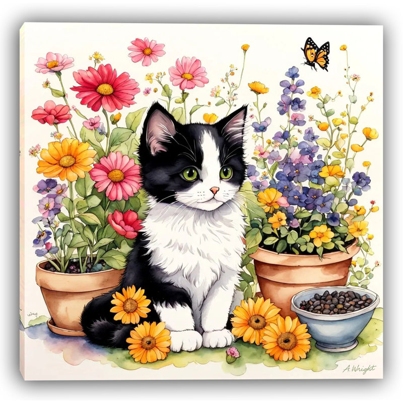 Floral chaton Bliss - chaton noir et blanc avec des fleurs de jardin, H 30 po x l 30 po