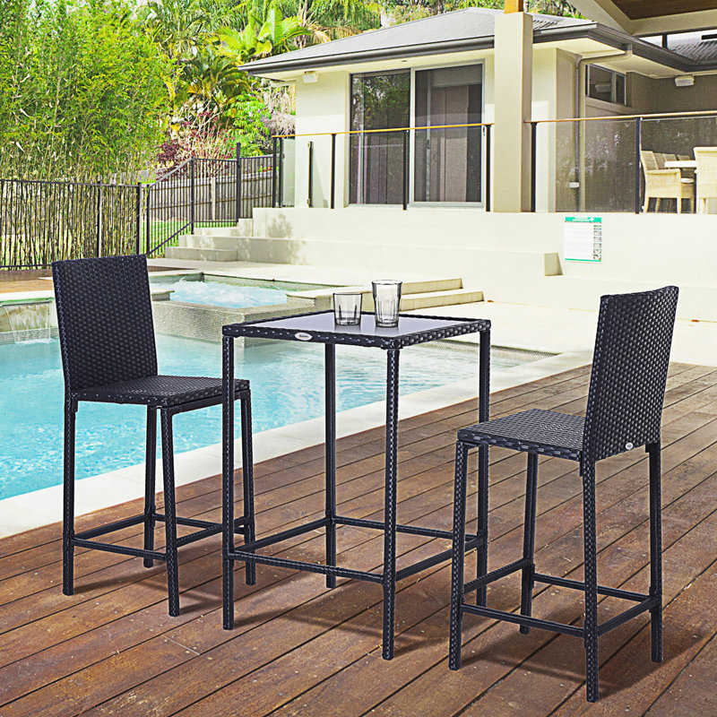 Ensemble de bar en rotin 3 pièces avec plateau en verre et 2 tabourets