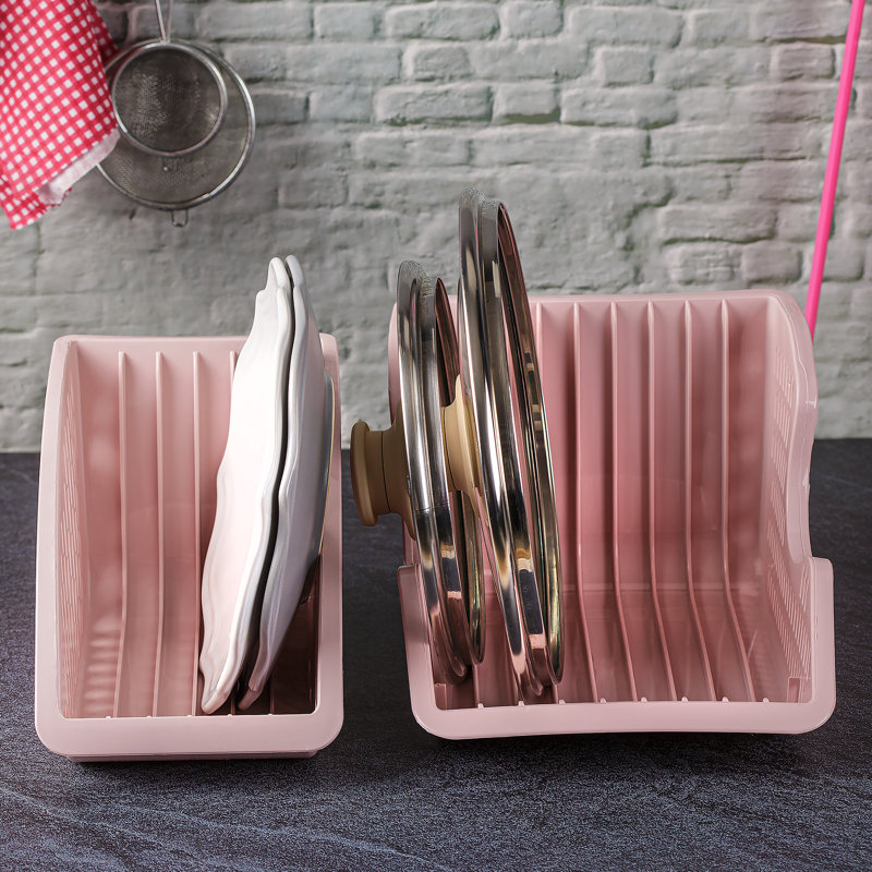 Crystalia Plastic Dish Holder Organizer Set of 2 – BPA-Free Compact Plate & Utensil Drying Racks for Sink or Countertop, Pink