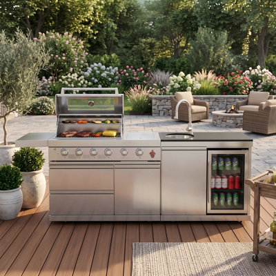 Deluxe Stainless Steel 6-Burner Modular Outdoor Kitchen Island Grill With Sink, Refrigerator & Rotisserie System