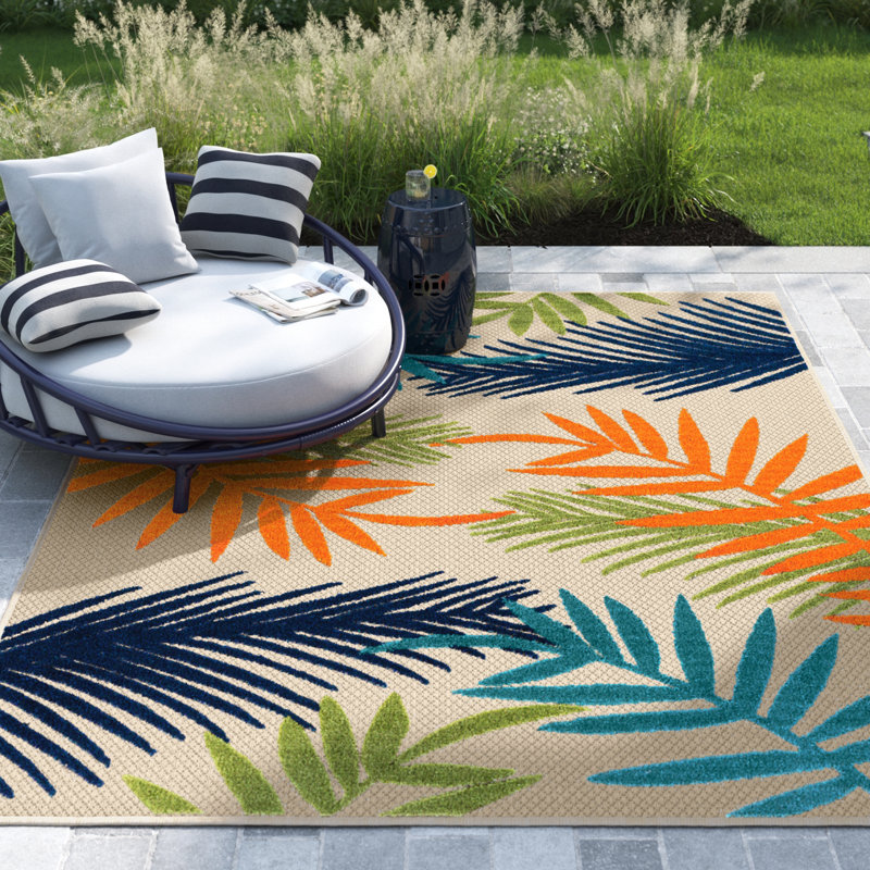 Tapis intérieur / extérieur Parksley Palm Frond - ivoire / orange / bleu marine, Rectangle 6 pi x 9 pi