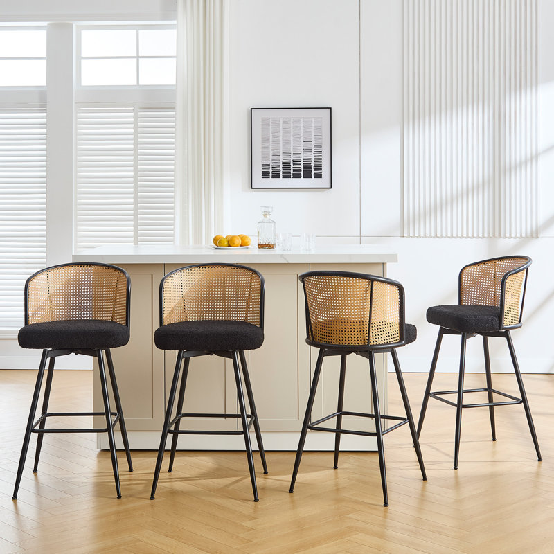 Black Metal Swivel Bar Stools with Rattan Backrest, Set of 3
